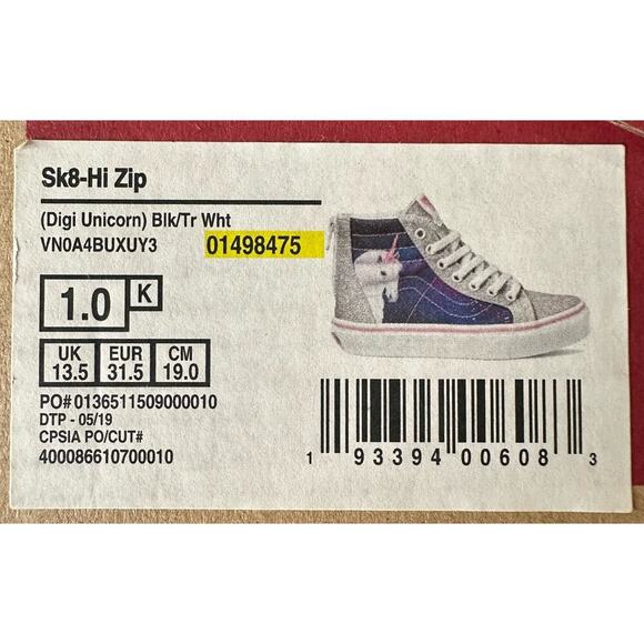 VANS Sk8-Hi Zip Digi Unicorn Girls High Tops, Sz Kids 1 (K1-A) - Picture 8 of 8